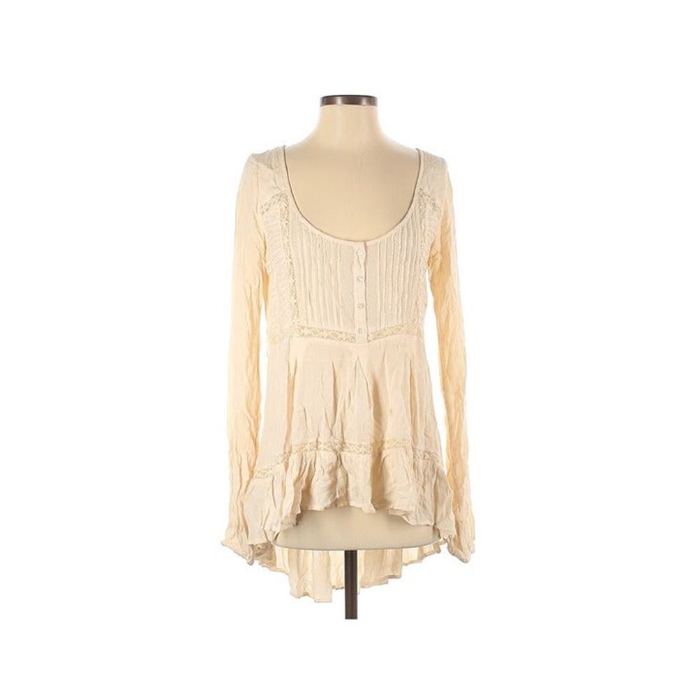 Free People Long Sleeve Blouse Womens Size Small Boho Tan Ivory Embroidered
